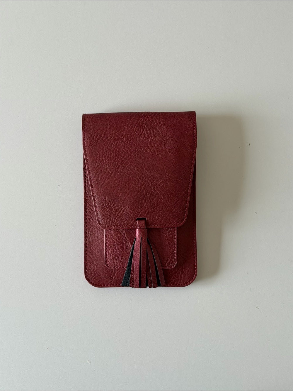 Deep Red Leather Tassel Phone Pouch